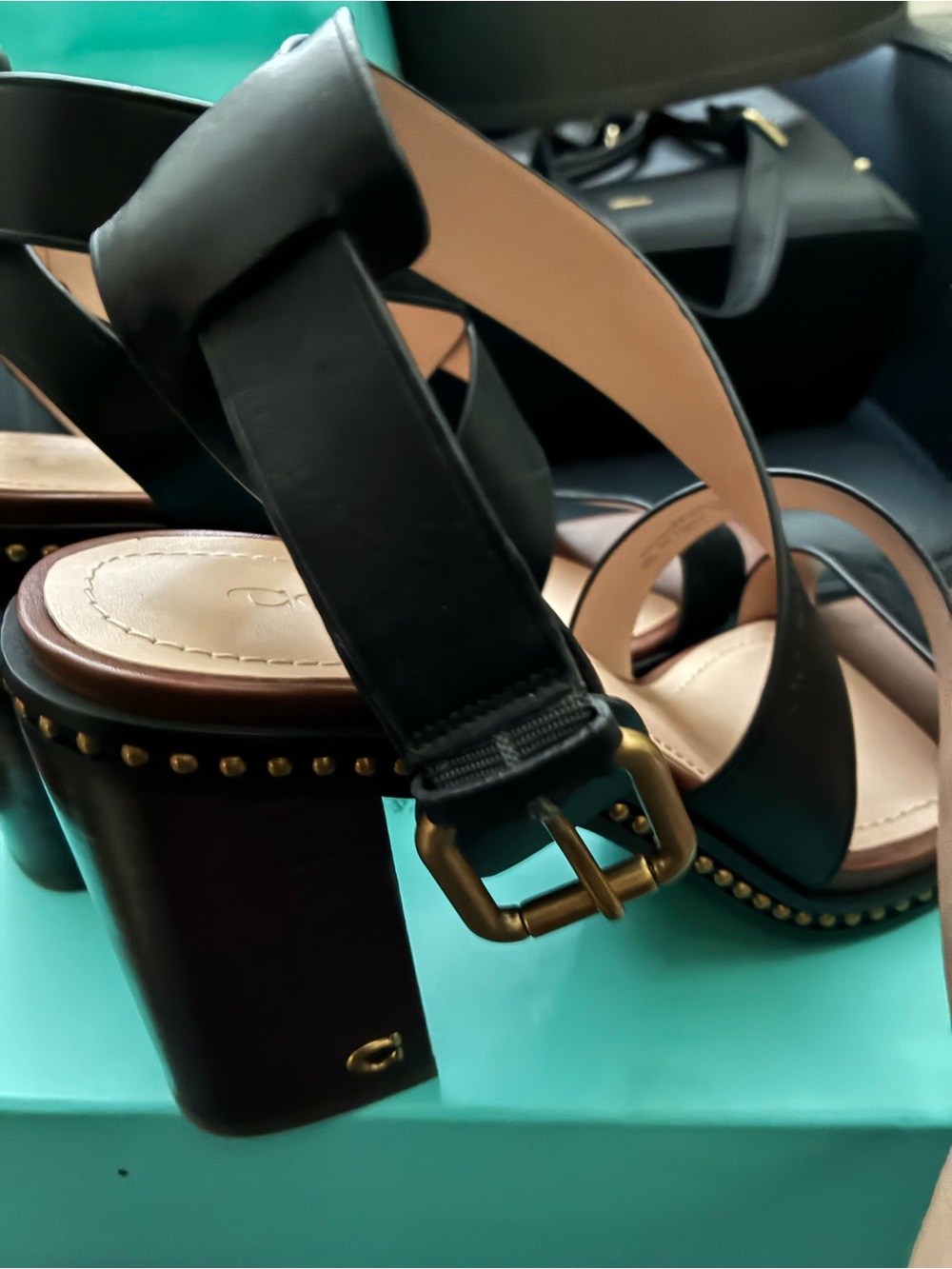 Coach Black Studded Platform Heel Sandals with Buckle Strap